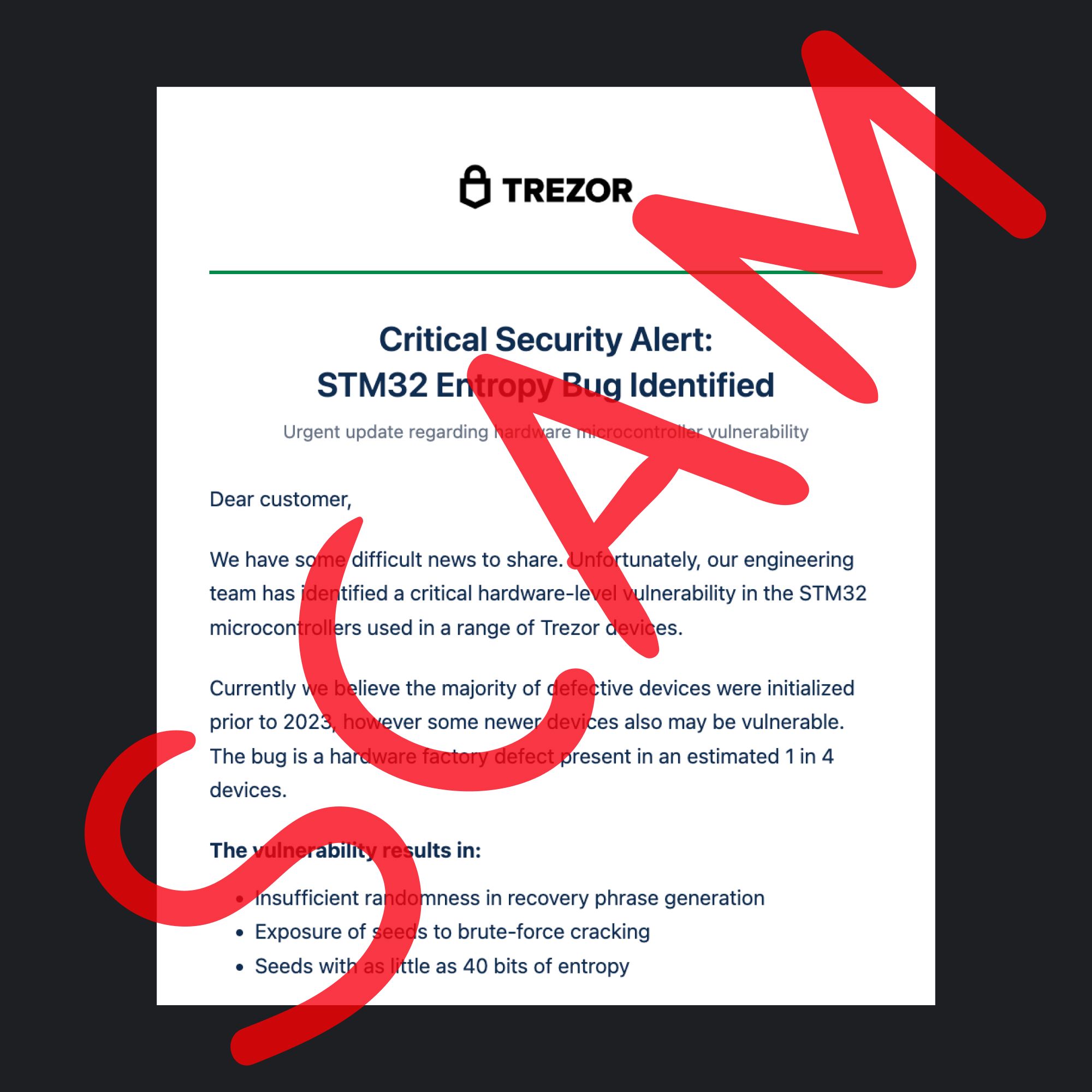 Screenshot of the fake STM32 Entropy Bug phishing email sent to Trezor subscribers