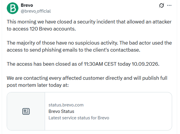 Brevo's initial tweet acknowledging the security incident